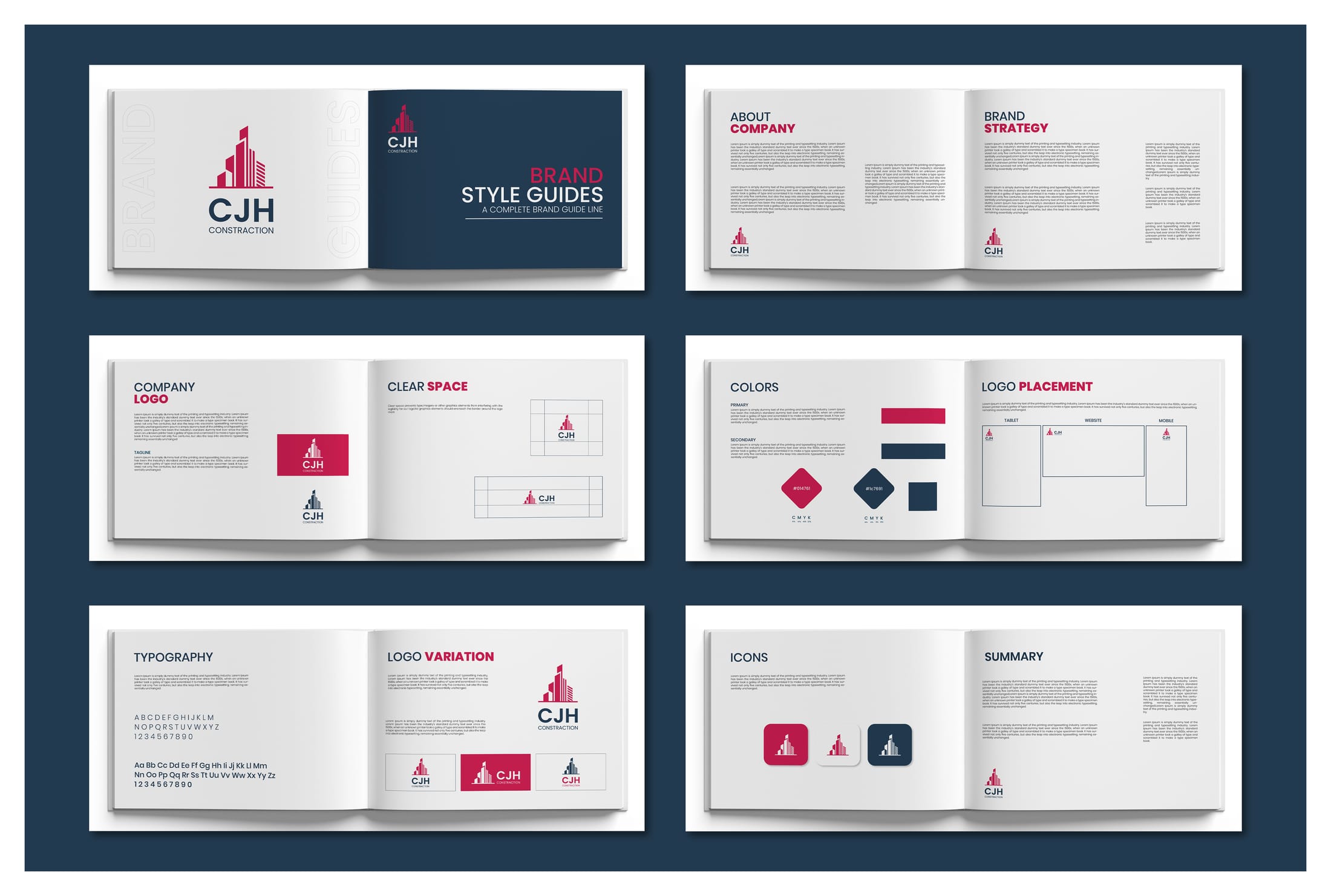 CJH Construction brand guideline spreads showing colour and spacing rules