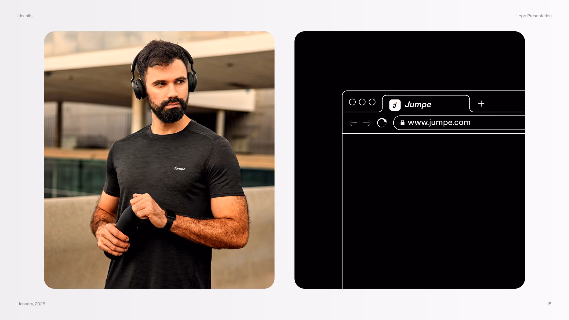Jumpe black performance shirt next to website browser mockup