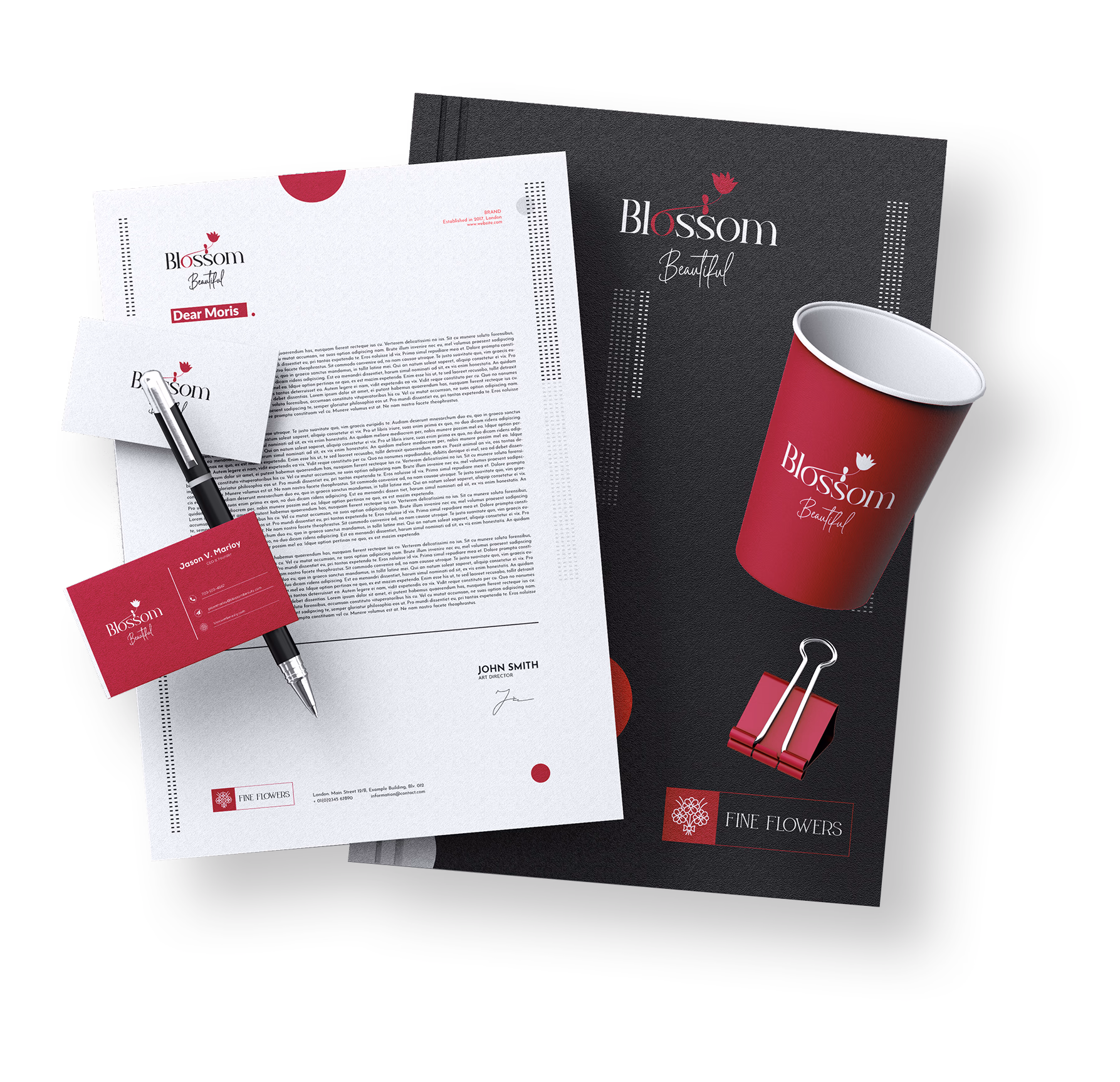Blossom Beautiful brand identity stationery, cup, business card, and brand collateral