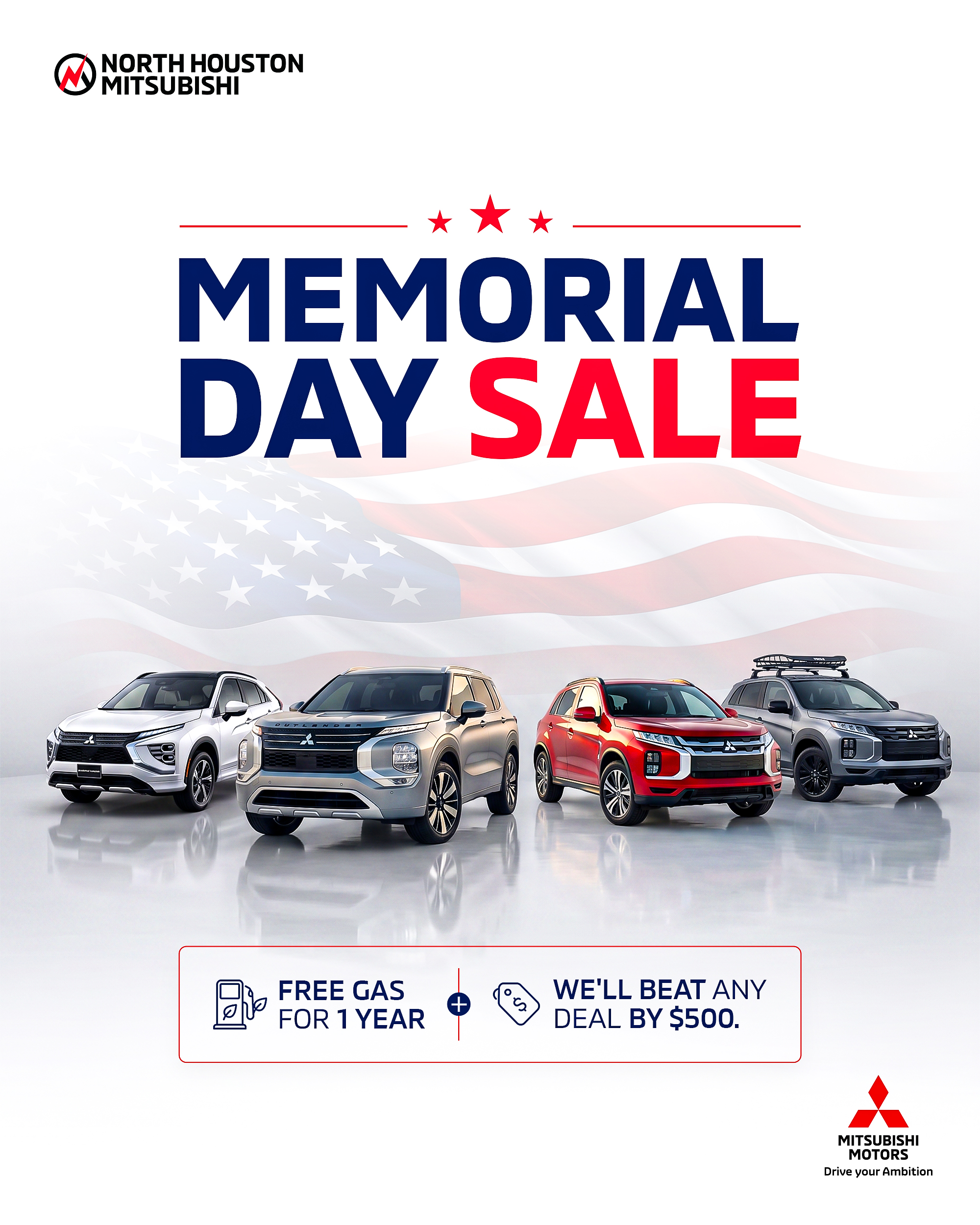Memorial Day sale social media post for North Houston Mitsubishi