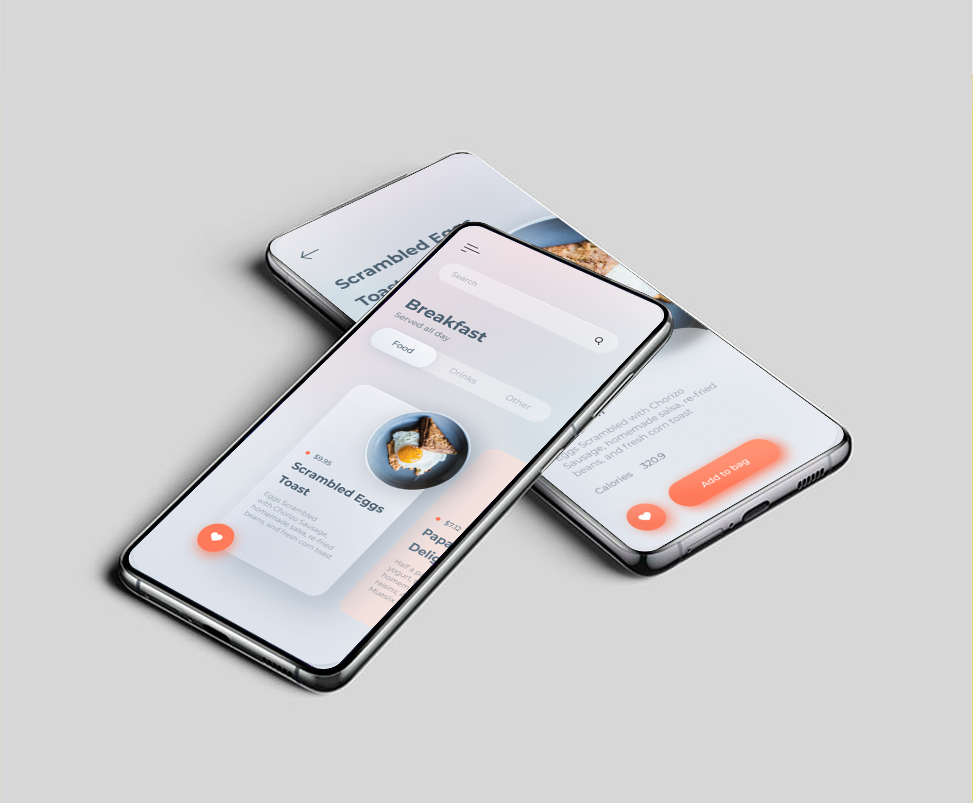 Mobile app UI design mockup shown on overlapping phone screens