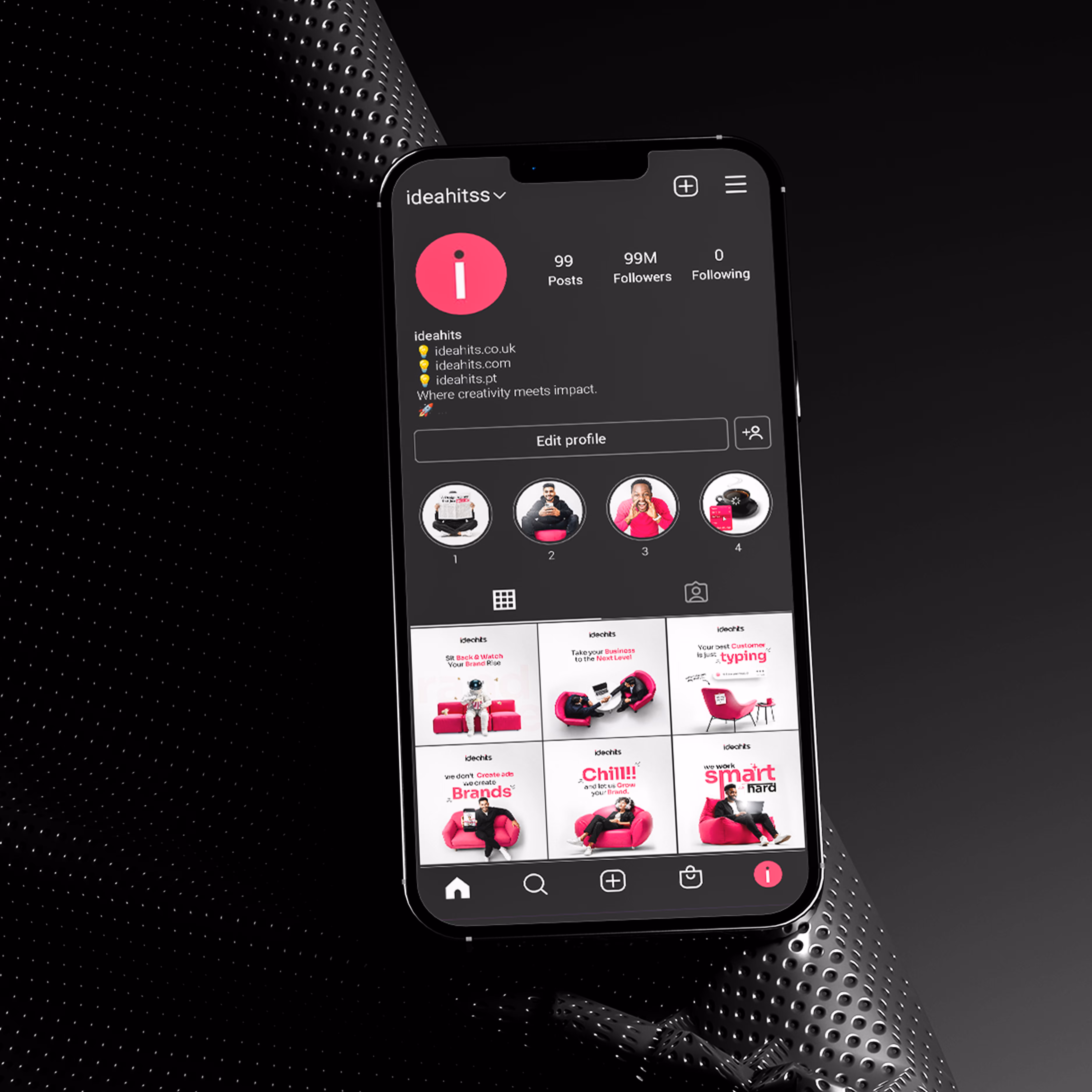 Ideahits social media profile mockup shown on a mobile phone