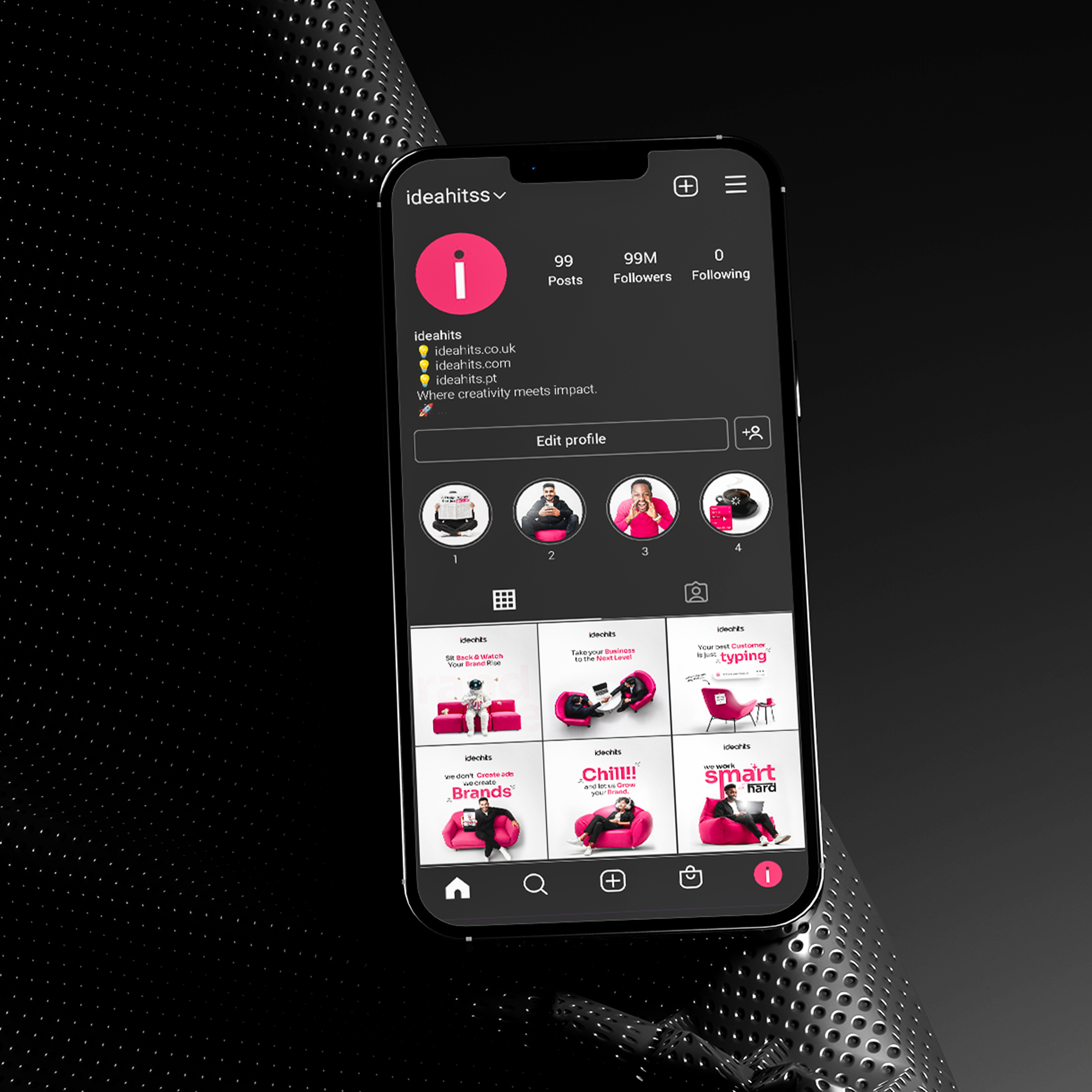 Ideahits social media profile mockup shown on a mobile phone